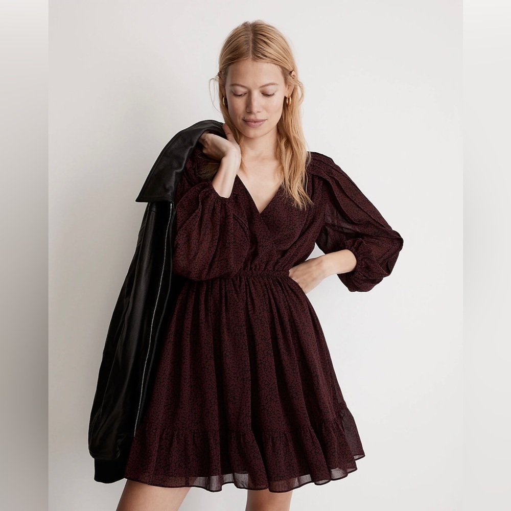 Madewell (Re)sourced Georgette Faux-Wrap Mini Dress, Small, Cabernet